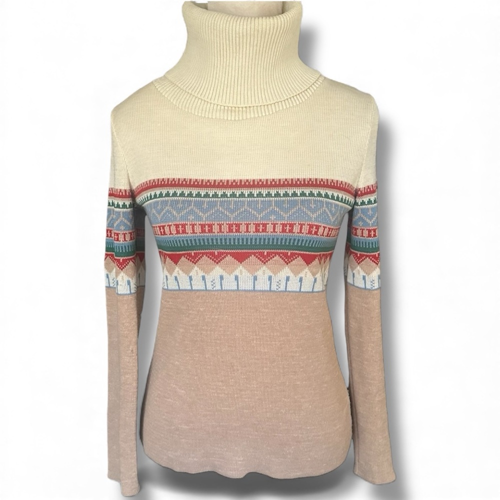 Vtg Graff Beige and Blue Patterned Turtleneck Sweater